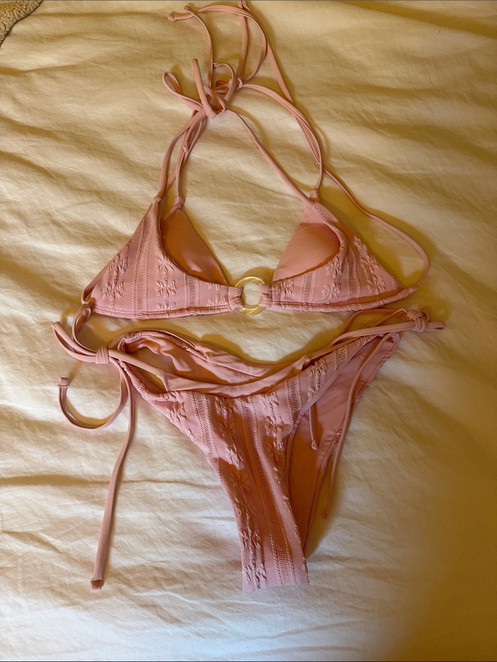 Pink Textured Ring-Accent Bandeau Bikini Set